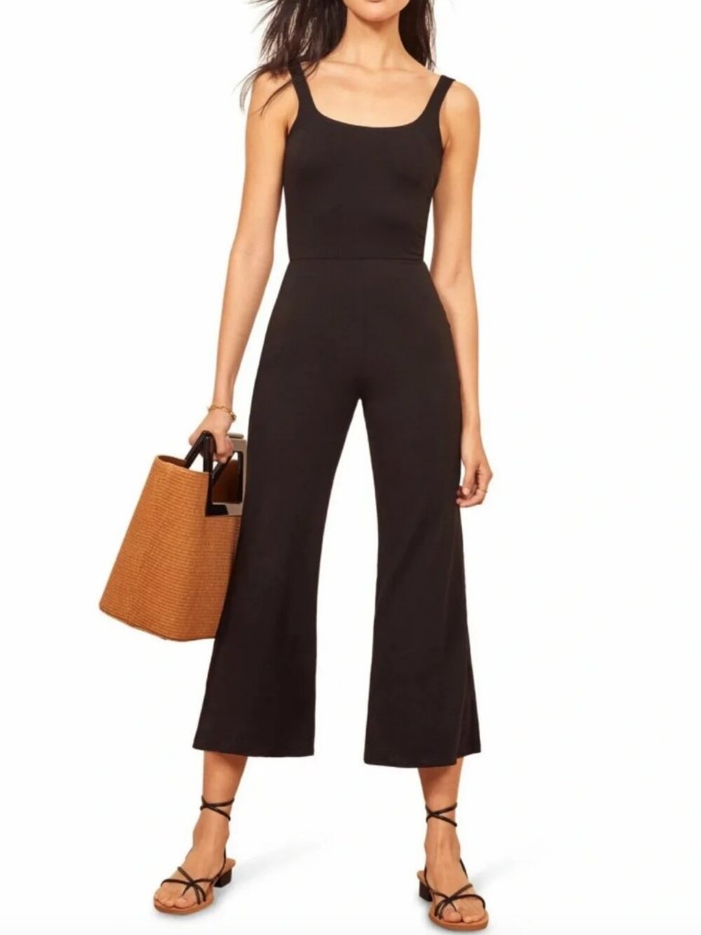Reformation Rylee Scoop Back Jersey Stretch Knit Crop Black Jumpsuit Sz. XS NWOT - Picture 2 of 9